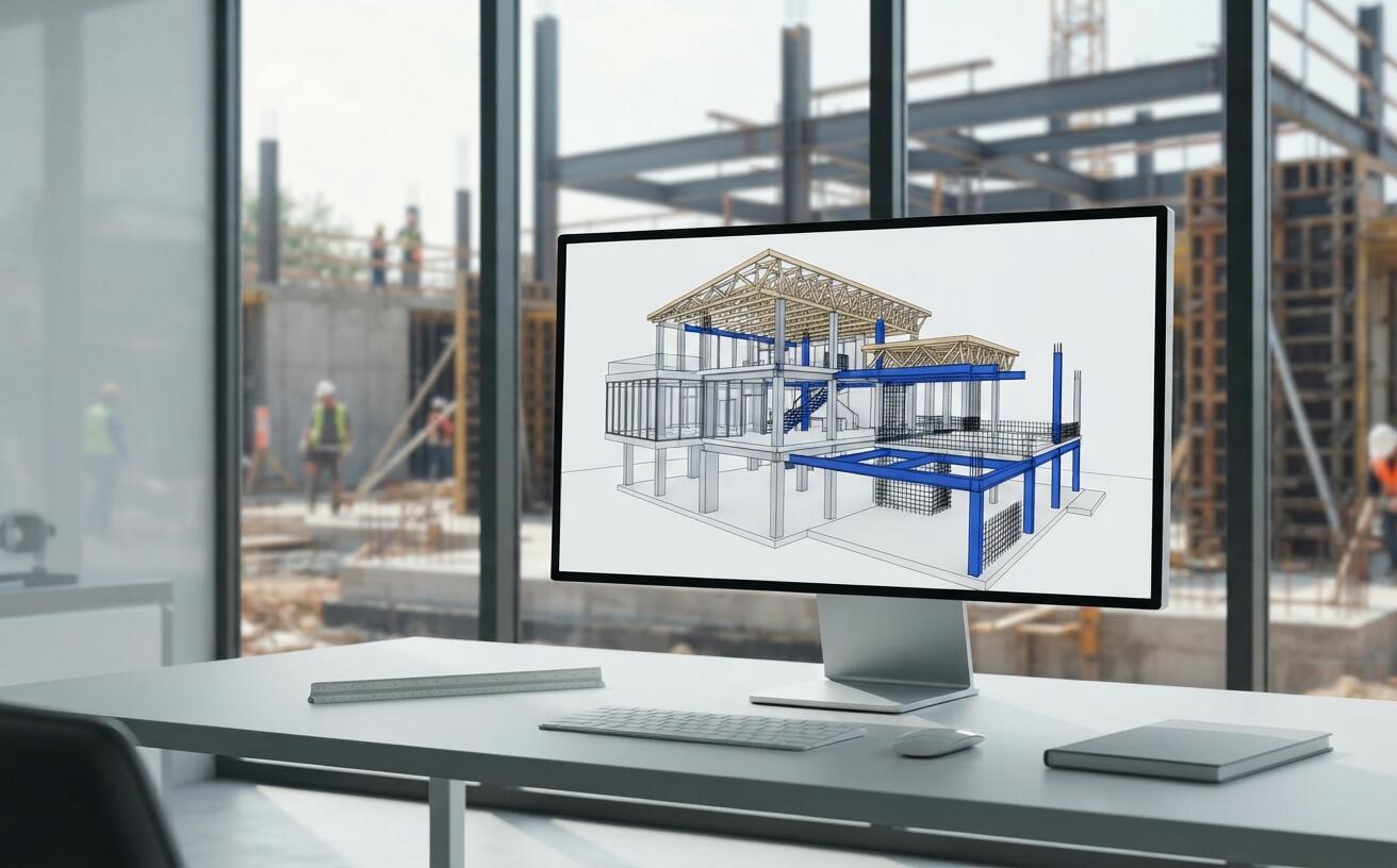 Modelo BIM em monitor com obra em execução ao fundo