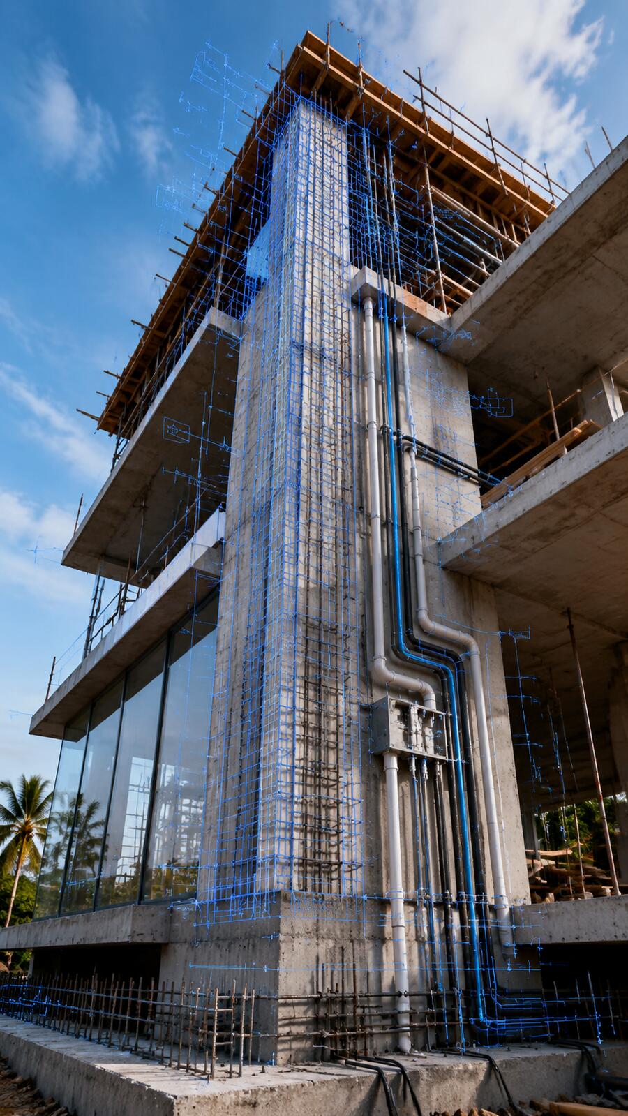 Obra em construção com sobreposição técnica destacando instalações e estrutura