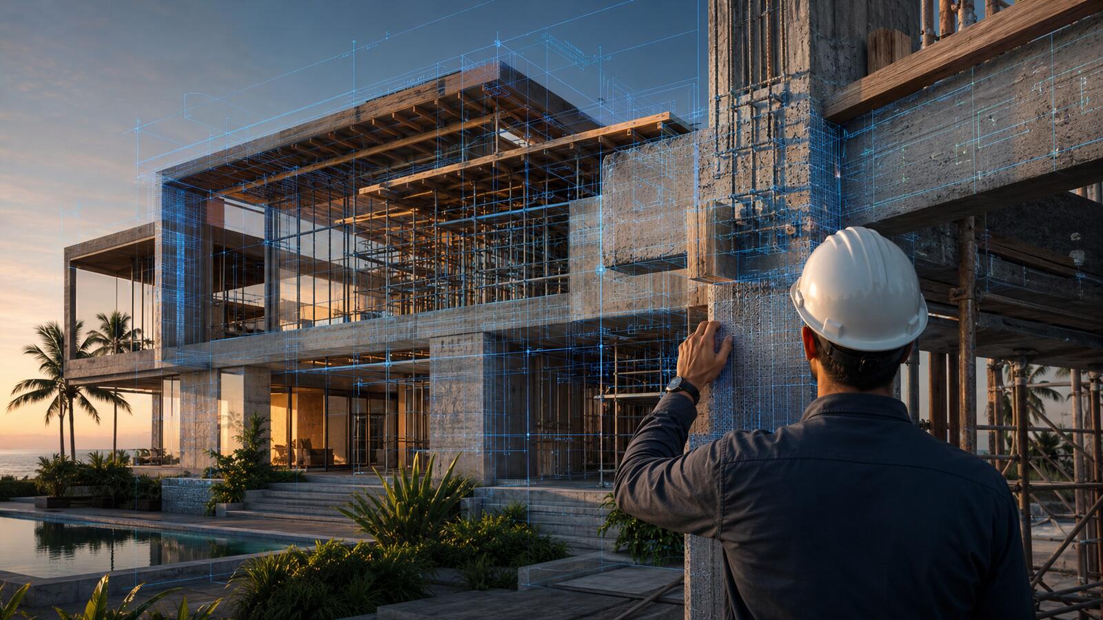 Engenheiro acompanhando obra em construção com sobreposição técnica de projeto